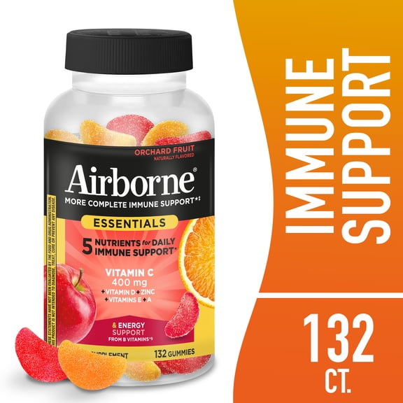 Airborne Immune Essentials Vitamin C Gummies, Multivitamin Supplement, Assorted Fruit Flavor, 132 ct
