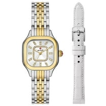 Michele Meggie Two-Tone Steel Diamonds Square Silver Dial Interchangeable White Leather Strap Womens Watch Gift Set MWW33B001SET