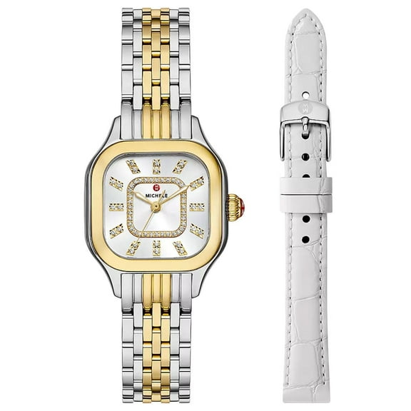 Michele Meggie Two-Tone Steel Diamonds Square Silver Dial Interchangeable White Leather Strap Womens Watch Gift Set MWW33B001SET