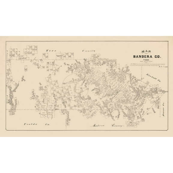 Historic County Map - Bandera County Texas - Walsh 1879 - 39.43 x 23 - Vintage Wall Art