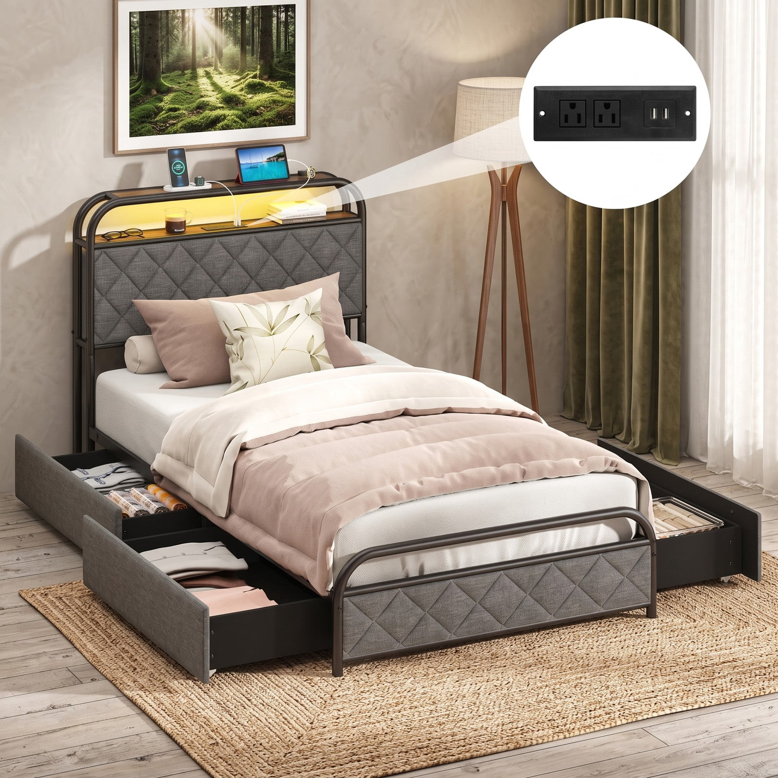 Furnibear Twin Bed Frame Upholstered Platform Bed with Headboard, LED Lights, USB Charging Station and 4 Storage Drawers, Gray