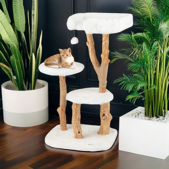 Pefilos 44" Solid Wood Cat Tree Tower for Indoor, Modern Cat Condo with Scratching Post, Cat Climbing Tree House Furniture, White