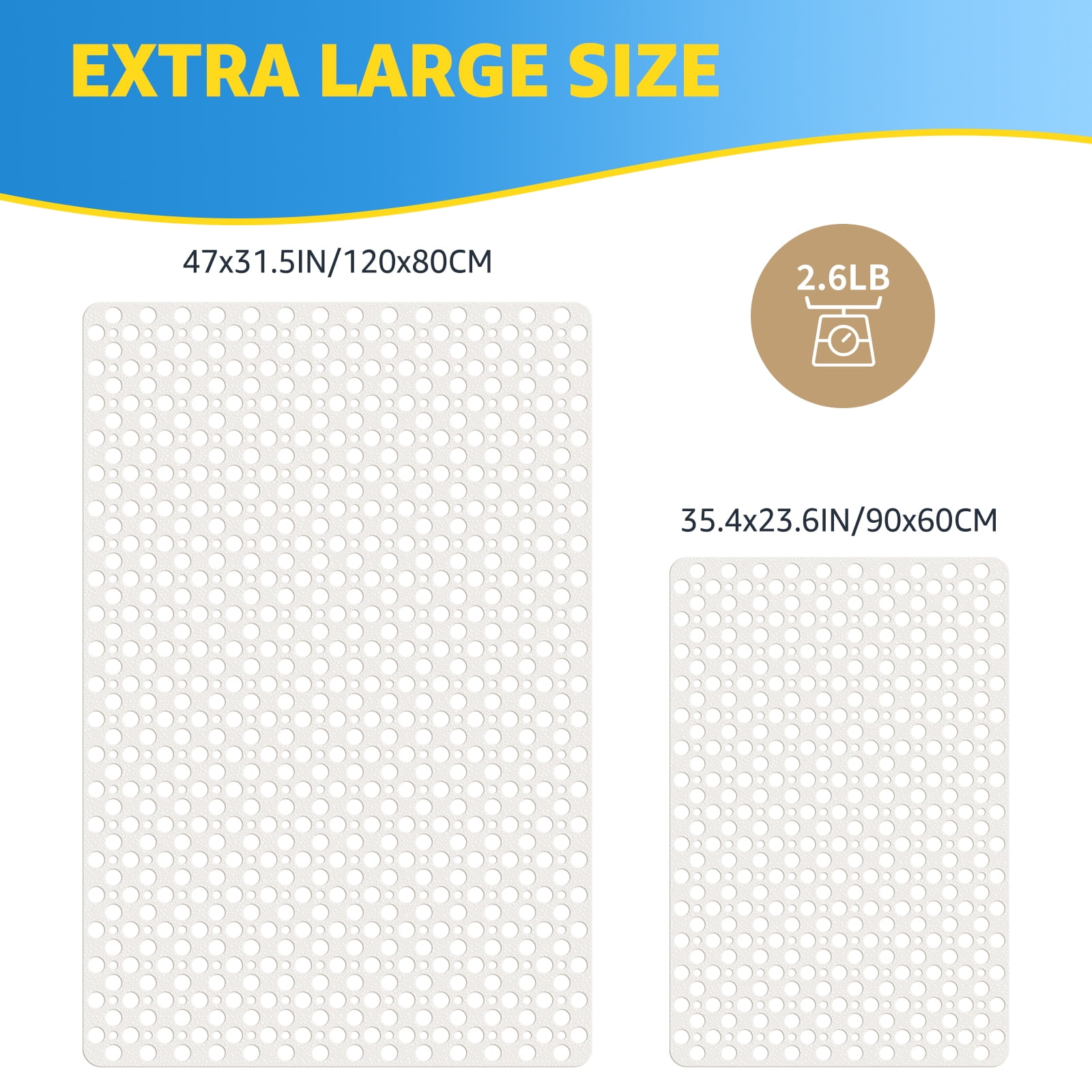 OTHWAY Large Shower Mat, 35x24 TPE Anti Slip Shower Mat, Heavy Bath Mats for Shower with Drain Holes Suction Cups, Shower Stall Mat for Bathroom, No Odor Shower Grip Mat for Elderly Kids(White)