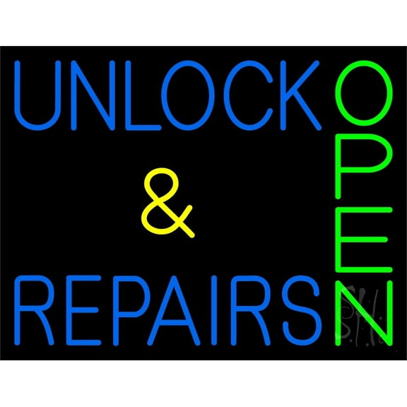 Unlock And Repairs Green Open LED Neon Sign 15 x 19 - inches, Clear Edge Cut Acrylic Backing, with Dimmer - Bright and Premium built indoor LED Neon Sign for automotive store, and mall.