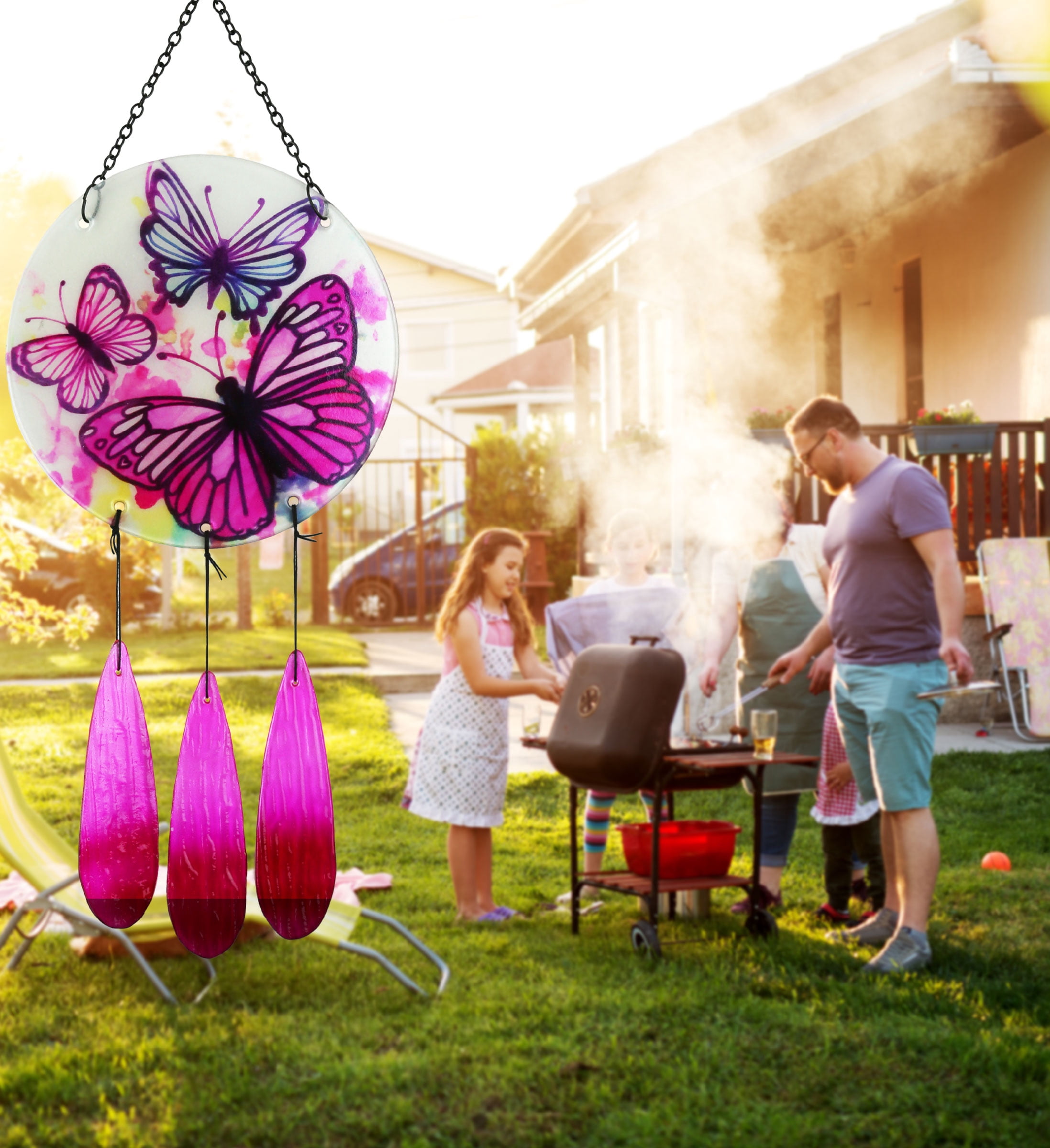 CoTa Global Circle Butterfly Wind Chime - Handmade Glass & Metal Chime, Colorful Butterflies Hanging Home Decor Gift, Indoor & Outdoor Cute Nature Art Decoration For Porch, Patio & Garden - 21.7"