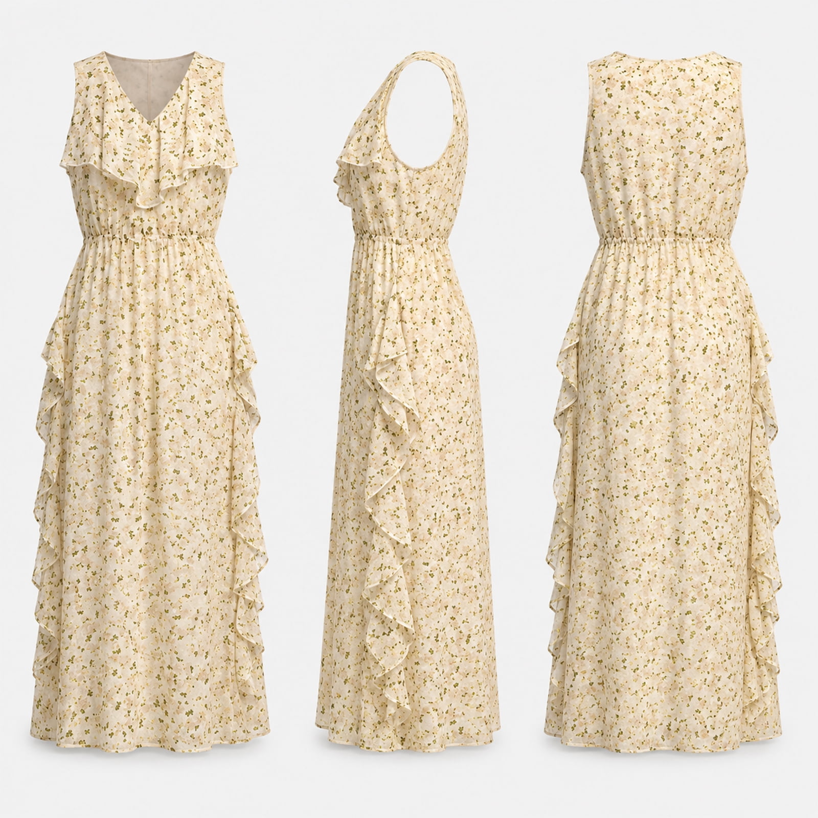 Alvantor Summer Maxi Dresses for Women, Sleeveless Ruffle V-Neck Floral Poly Chiffon, Ivory Multi