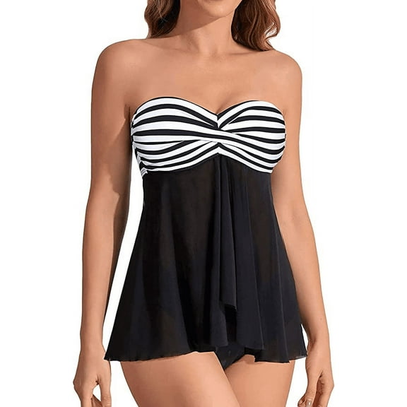 Tempt Me Womens Two Piece Bathing Suits Halter Bandeau Tankini Top Flyaway Swimsuit with Bottoms Tummy Control Swimwear, ( Black White Striped, XXLarge)