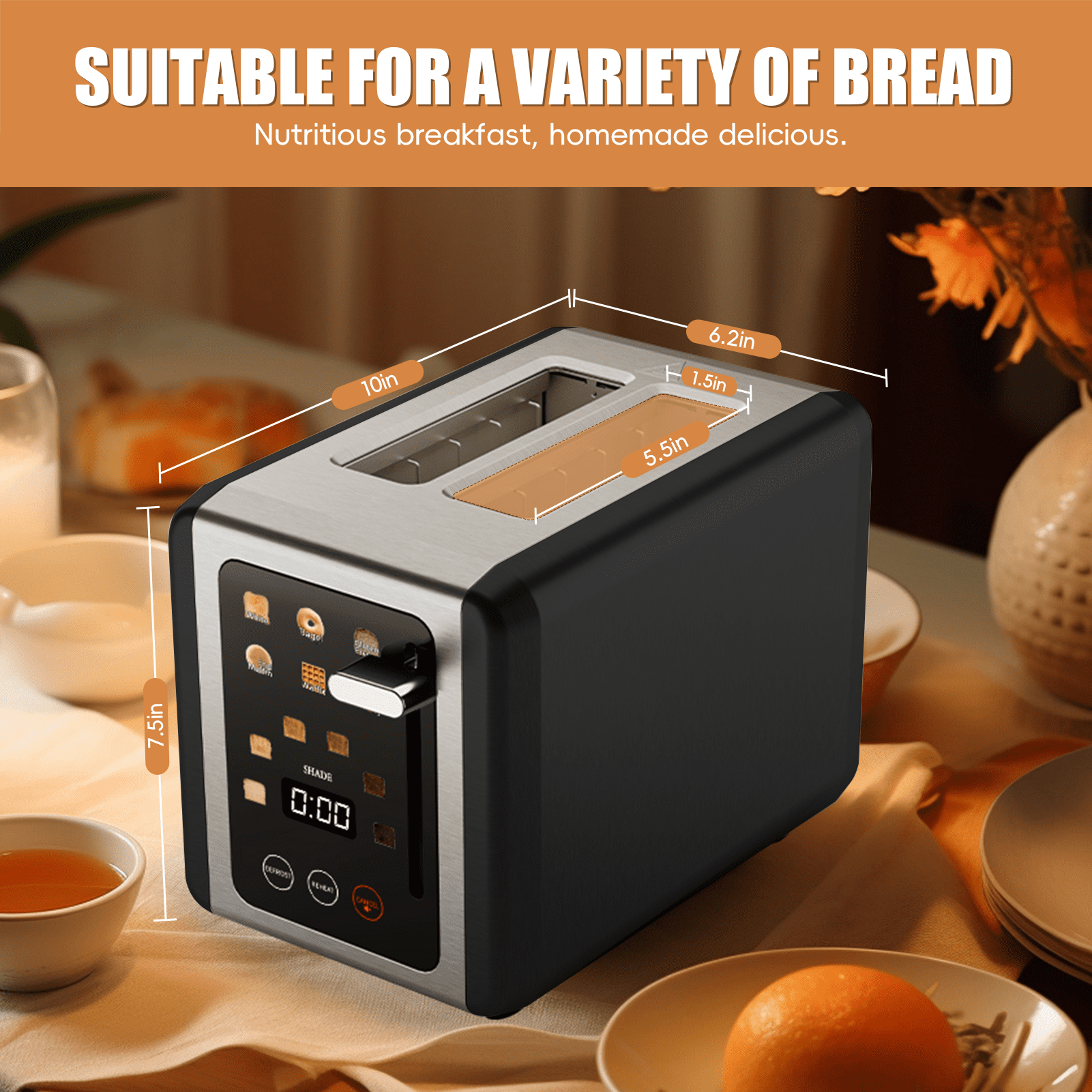 WHALLULTRA 2 Slice Touchscreen Toaster - 1.5" Wide Slots, Stainless Steel Body, Bagel/Defrost Modes, 850W Efficient Toaster, Black