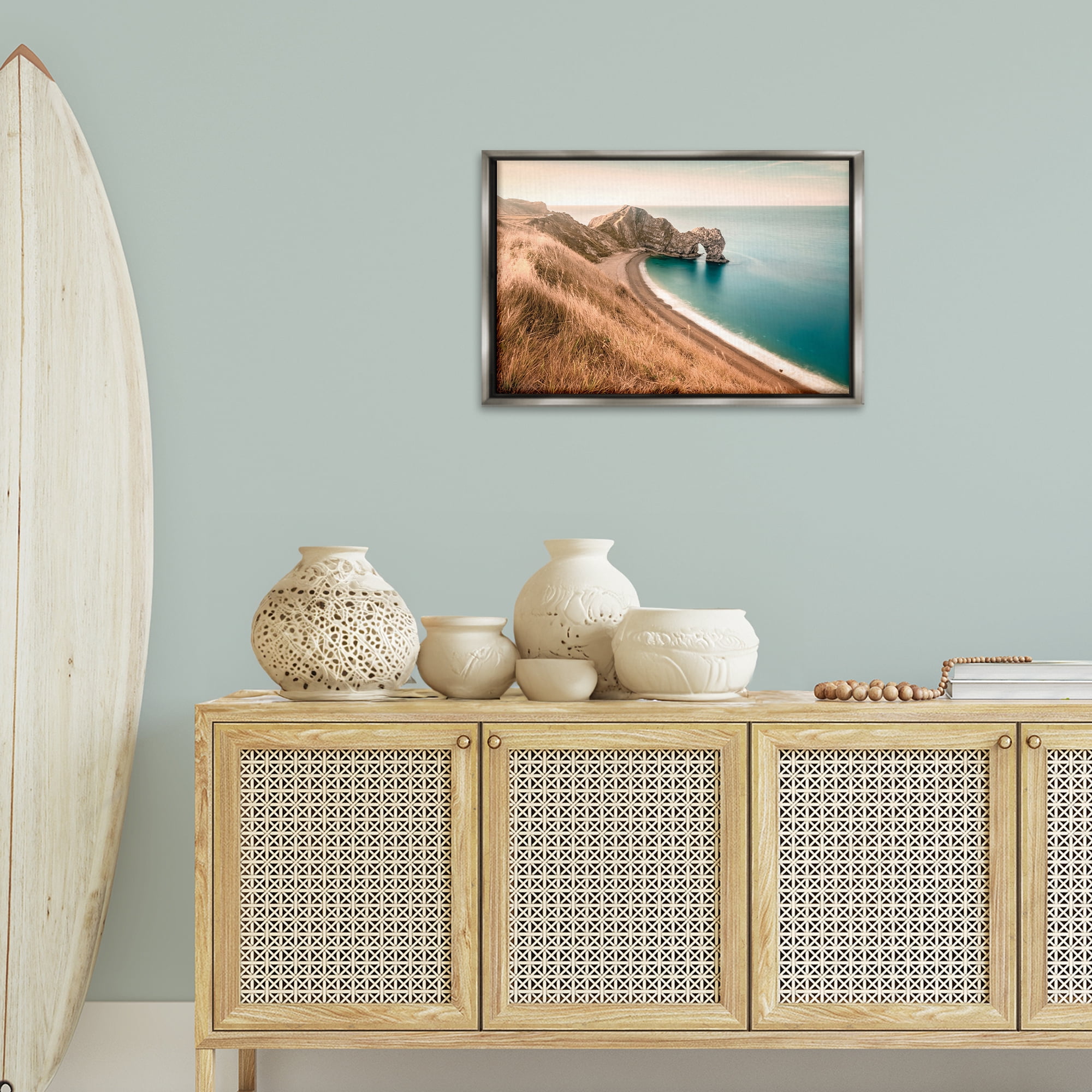 Stupell Industries Beach With Arched Cove Landscape & Nature Photography Gray Floater Framed Canvas Art Print Wall Art, 25 x 17