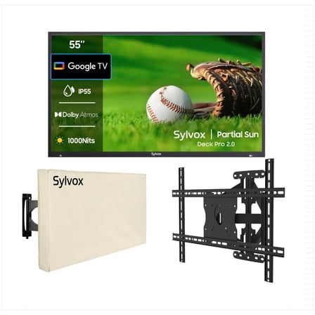 SYLVOX 55" Outdoor TV with Mount and Cover, IP55 Weatherproof TV Partial Sun 1000nit Brightness, 4K UHD, Google OS, Dolby Atmos, Voice Remote (Deck Pro 2.0)