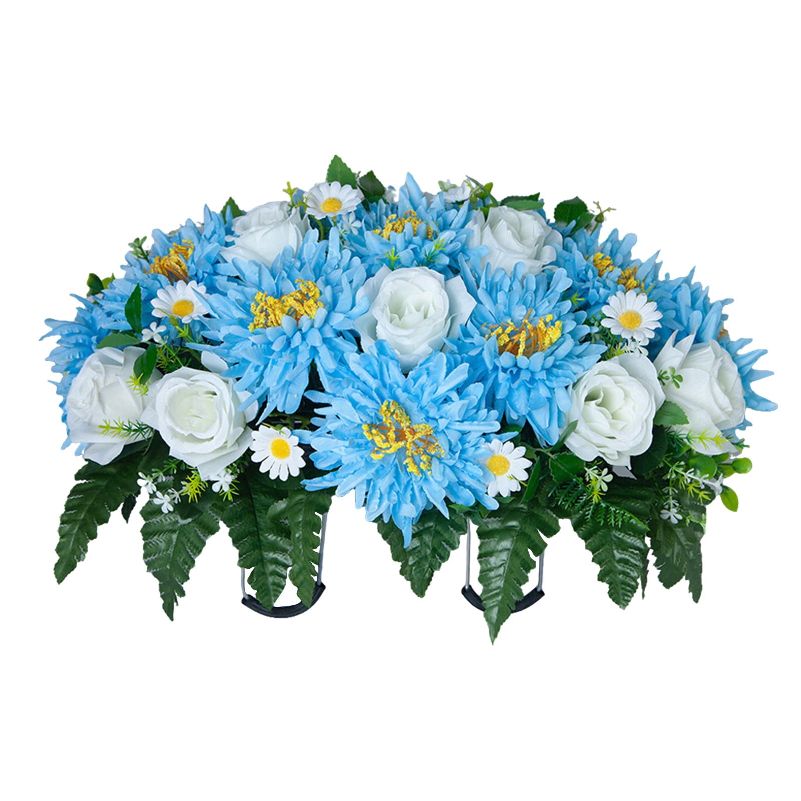 Artificial Cemetery Flower Saddles for Graves, Cemetery Memorial Flowers for Outdoor Tombstone Headstone Decorations, Lily Rose Gerbera Flowers Saddle, Blue