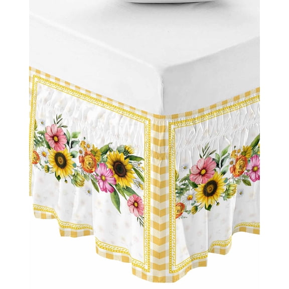 Sunflower Bed Skirt King Size 18 Inch Drop, Wrap Around Bed Skirts, Pink Yellow Floral Elegant Pastoral Checkered Elastic Bedskirt Pleated Bed Frame Cover Luxurious Dust Ruffle for King Bed