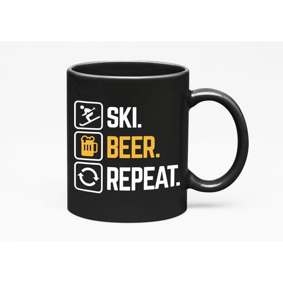 Ski Beer Repeat Cup with a Skiing Theme, a Skier, Black 11oz Ceramic Mug