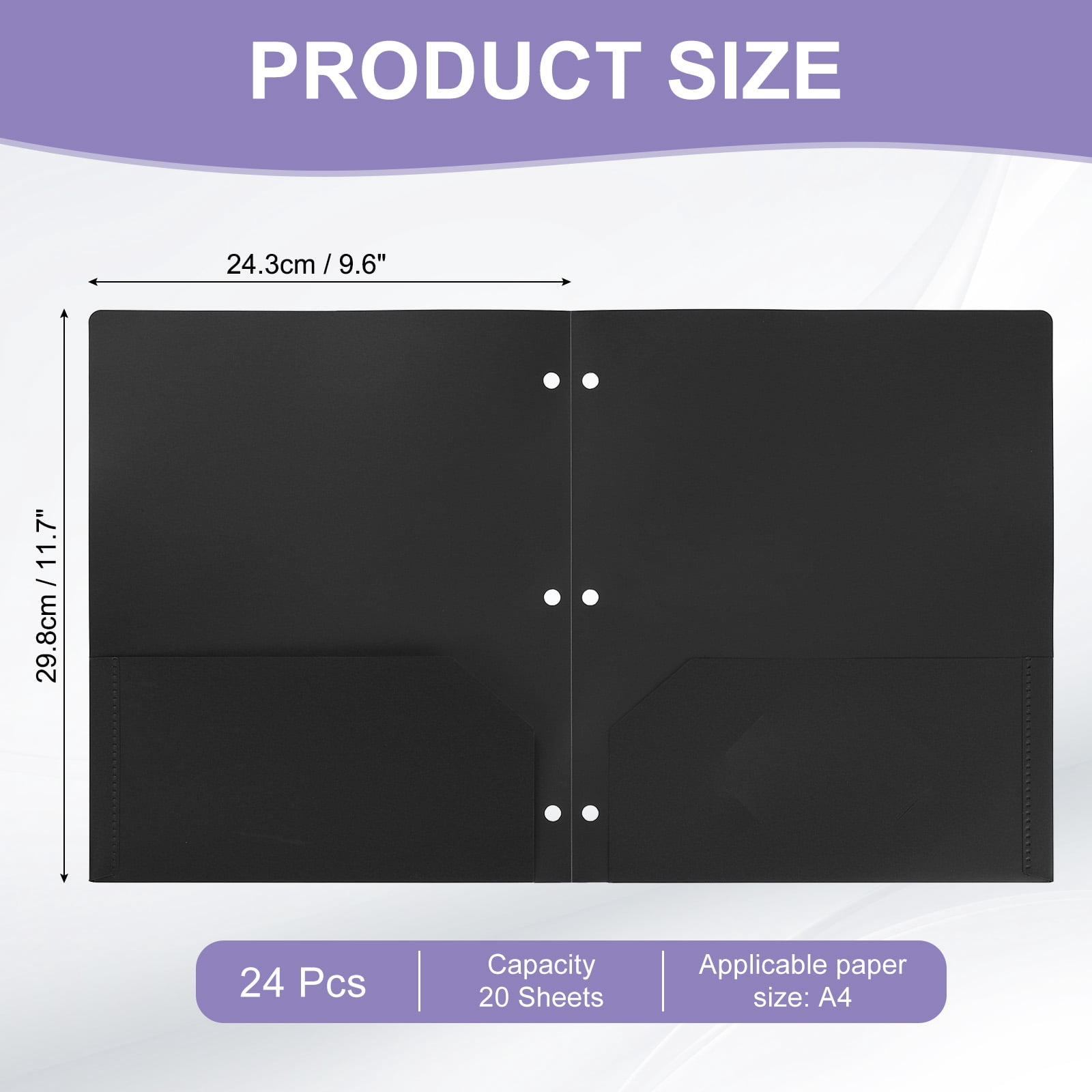Uxcell Binder Dividers with Pockets, 24 Pack Heavy Duty Plastic Pocket Folders Letter Size 3 Hole Punch 2 Pocket Folders with Business Card Slot for 3 Ring Binder Office Home, Black