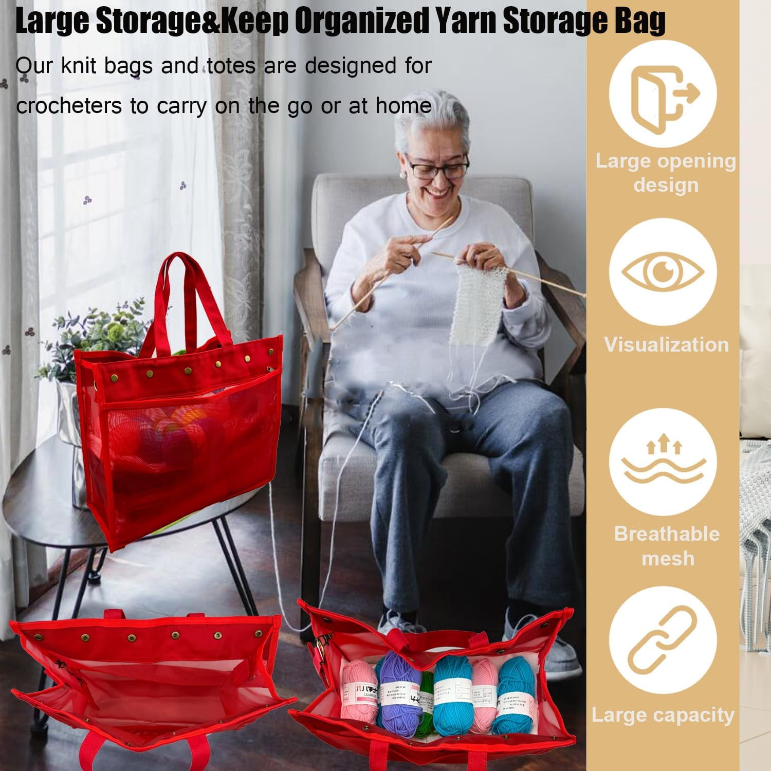 ABCISI Knitting Bag Large Yarn Storage Organizer, Crochet Bags and Totes, Yarn Bags for Crocheting, Crochet Storage Bags for Crochet Hooks Knitting Needles, Knit Bags for Crochet Lovers (Red)