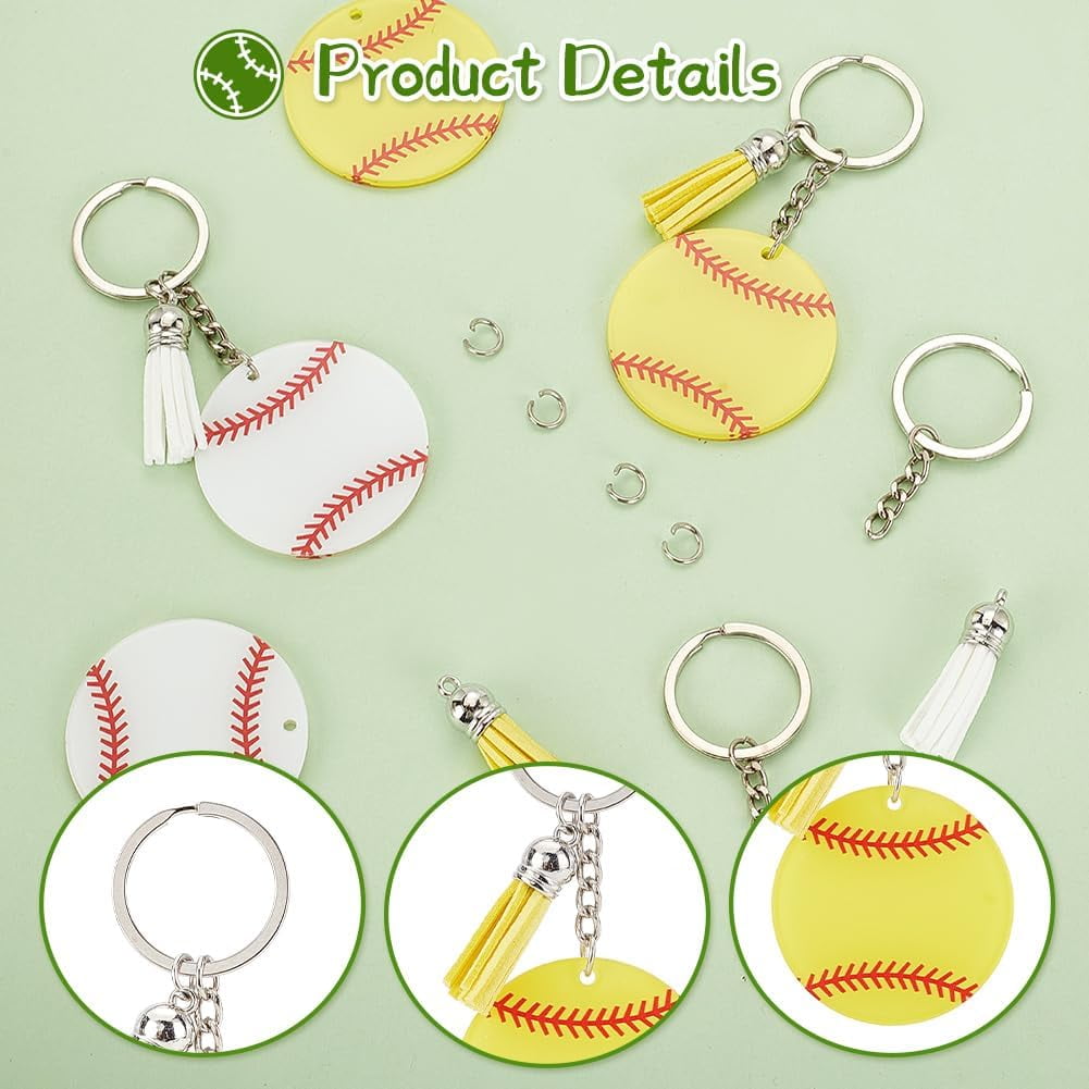 30 pcs Softball Baseball Acrylic Keychain Mutil-color Acrylic Keychain with Tassel for Gift School Rewards Sports Party