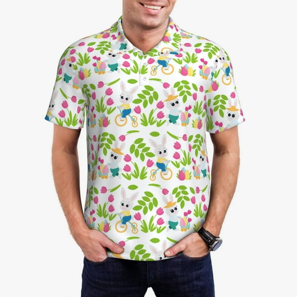 Saiise Happy Easter Print Mens Golf Shirt Moisture Wicking Quick-Dry Print Performance Polo Shirts for Men-3X-Large