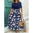 thumbnail image 6 of Navy Blue Floral Print Tiered Maxi Dress With Tie Waist And Short Sleeves For Women, 6 of 7
