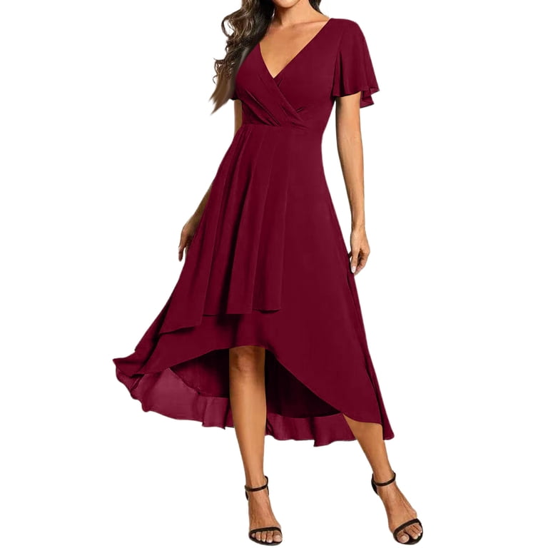 wine semi formal dress Women's Summer Chiffon Wedding Guest Dresses V Neck Ruffle Sleeves Midi Semi  Formal Cocktail Dress Wine XL