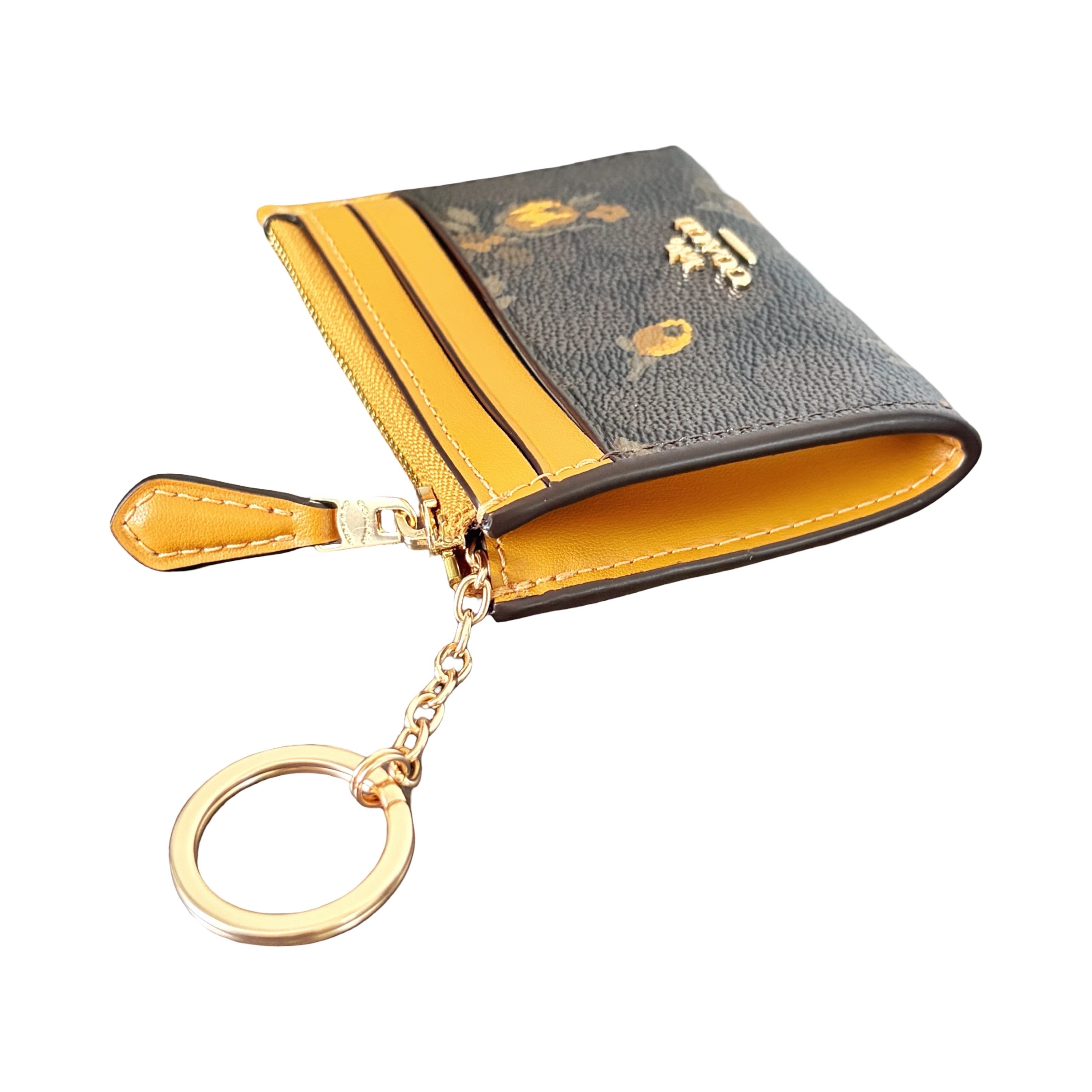 Coach Women's Mini Skinny ID Card Case With Key Ring In Signature Canvas With Floral Print (Walnut/Yellow)