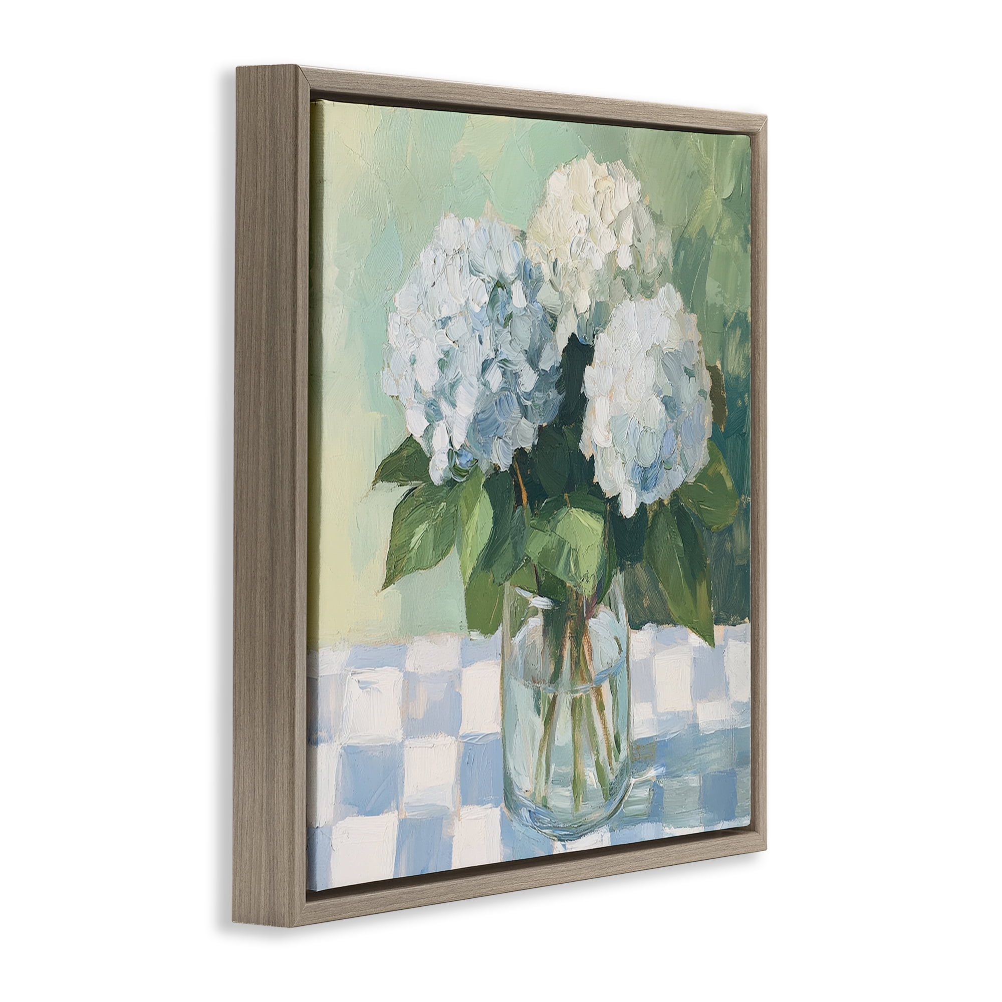 Stupell Industries Hydrangea Picnic on Checkered Brown Framed Floater Canvas Wall Art, design by Petal Prints Design