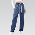 thumbnail image 3 of Drawstring Denim Pants Women High Waisted Straight Leg Jeans Pull on Elastic Waist Classic Distressed Denim Office Work Casual Trousers with Pockets, 3 of 8