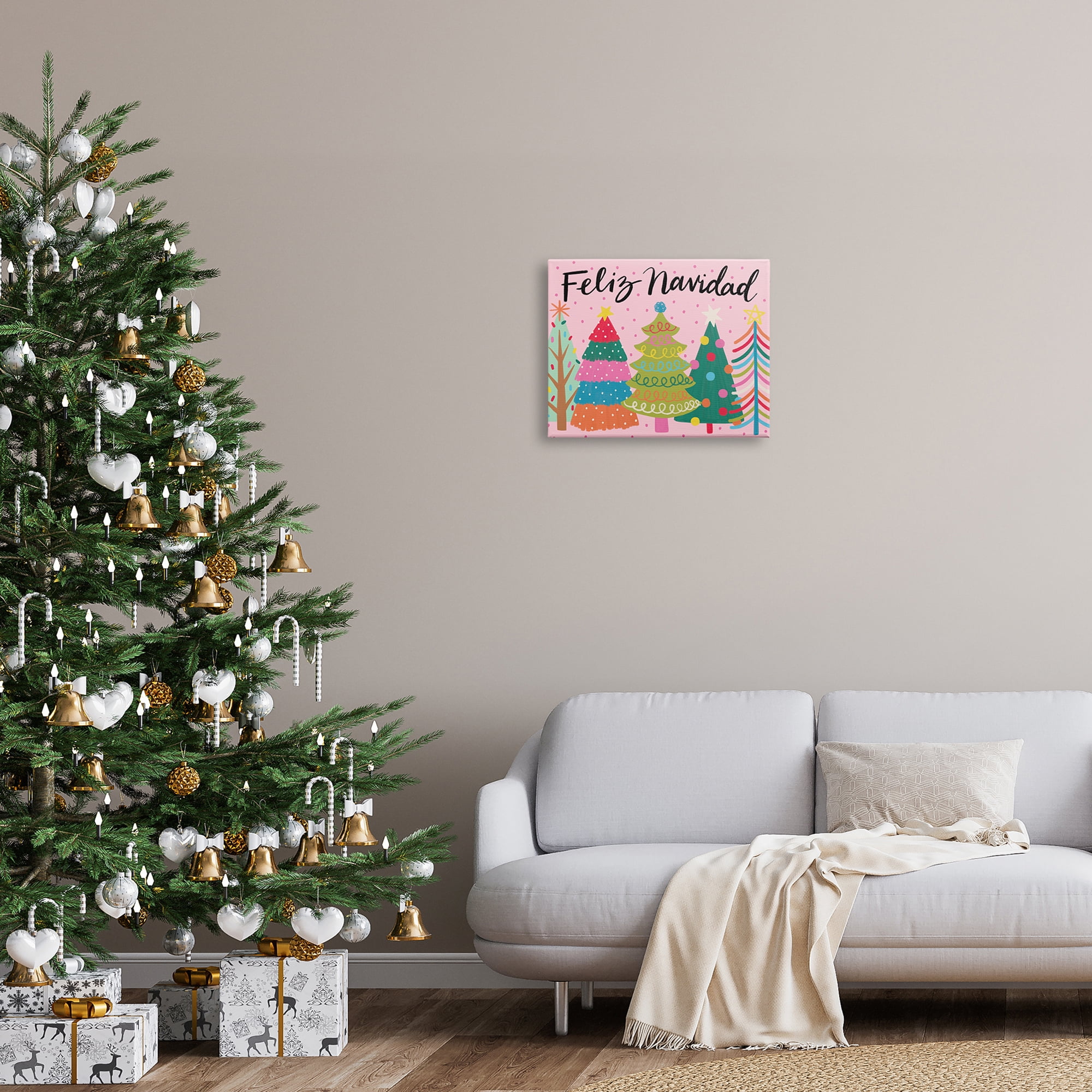 Feliz Navidad Whimsical Patterned Christmas Trees Ornaments Botanical & Floral Graphic Art Gallery-Wrapped Canvas Print Wall Art