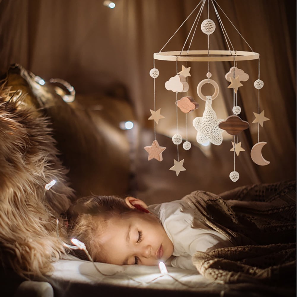 Full Sky Star Crib Bell with Felt Balls – Handmade Wooden Bed Bell for Infant Sleep, Motor Skill Development, and Nursery Decor