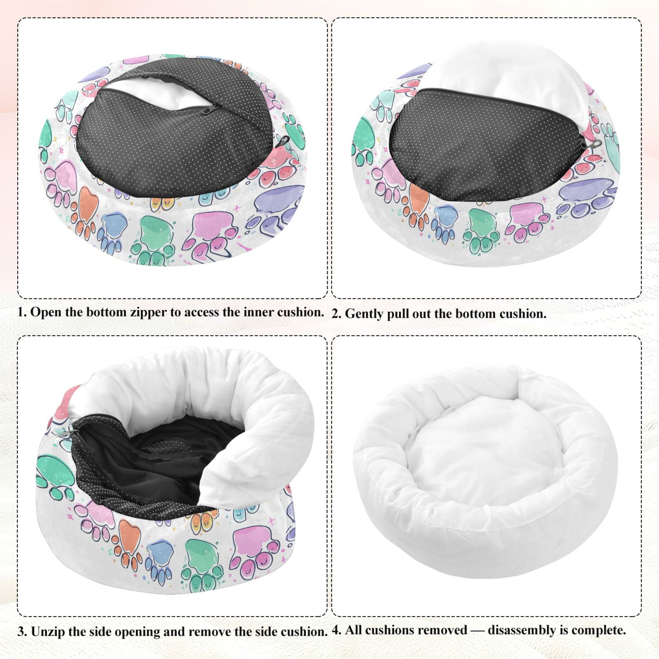 Iauyy Pet Couch Donut Cat Bed for Indoor Cats/Small Dogs Washable & Machine with Non-slip Bottom Calming Cat Furniture, Colorful Cat Paws (S)