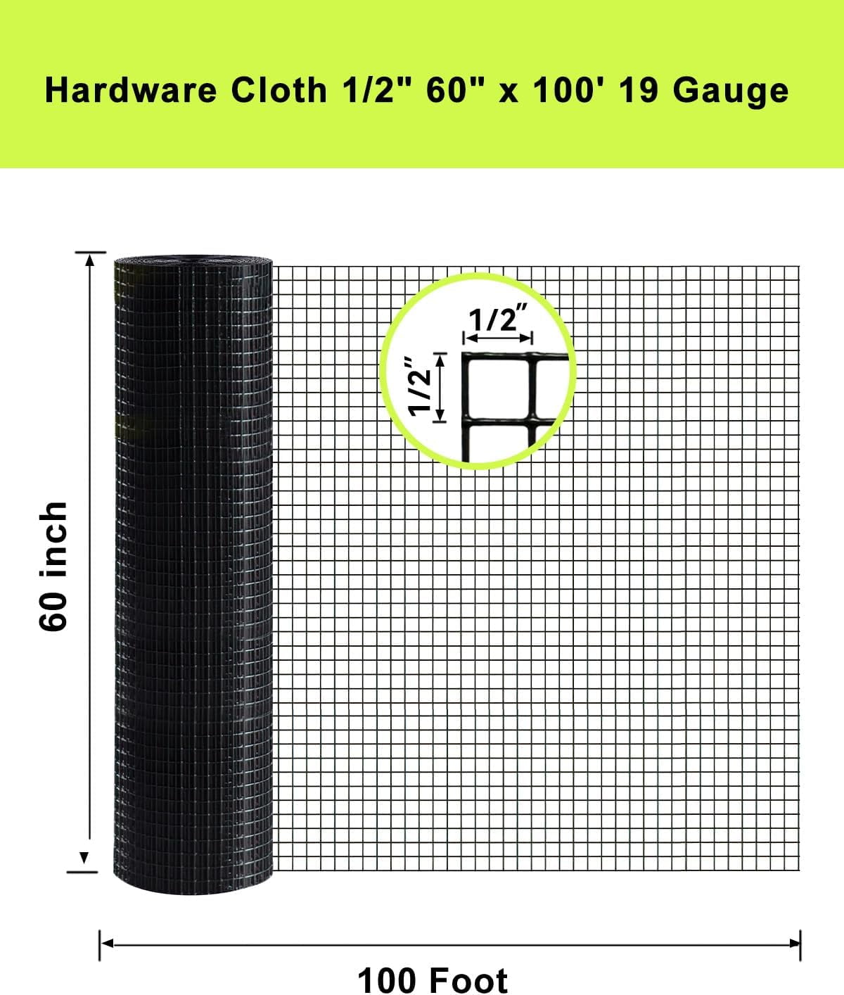 Black Hardware Cloth 5 ft × 100 ft, 19 Gauge 1/2 inch PVC Vinyl Coated Welded Wire Fence, Poultry Netting Chicken Coop Cover, Black