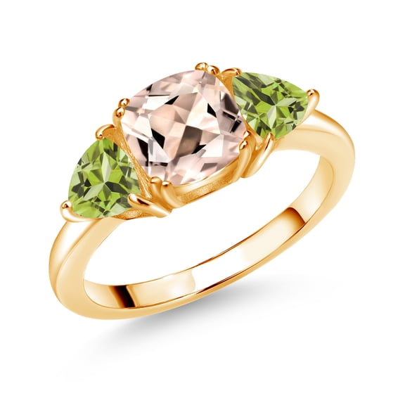 Gem Stone King 18K Yellow Gold Plated Silver Peach Morganite and Green Peridot 3 Stone Engagement Ring for Women (2.26 Cttw, Gemstone October Birthstone, Size 9)