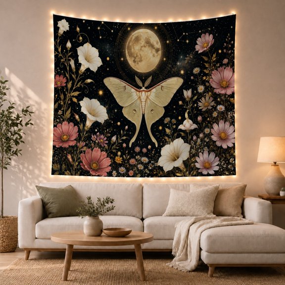 Moth and Full Moon on Black Night Sky, Dreamy Celestial for Nature Lovers, Mystical Floral Wall Decor, Christmas Gift, Tapestry Wall Hanging for Bedroom and Living Room