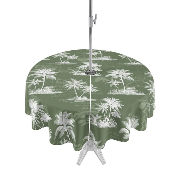 Outdoor Tablecloth with Umbrella Hole for Patio/Picnic/Party/Camping, Palm Trees Waterproof Table Cloth Round Cover Washable, Tropical Summer Tropical Botanical Sage Green (Dia 54")