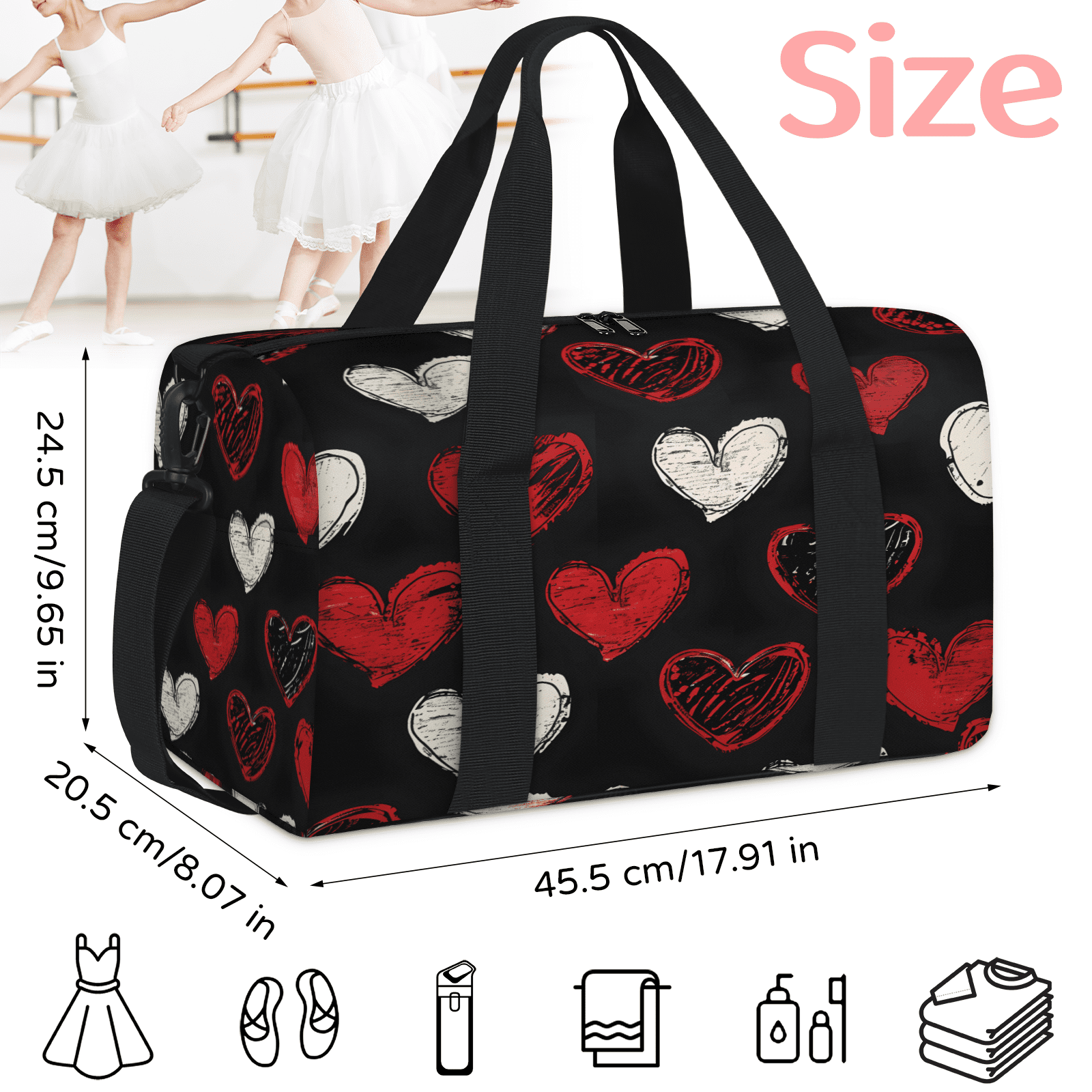Herdesigns Black Red Hearts Gym Bag for Women, Duffle Bag for Travel Sport, Hearts Romantic Lightweight Waterproof Carry on Weekender Dance Yoga Workout Bags