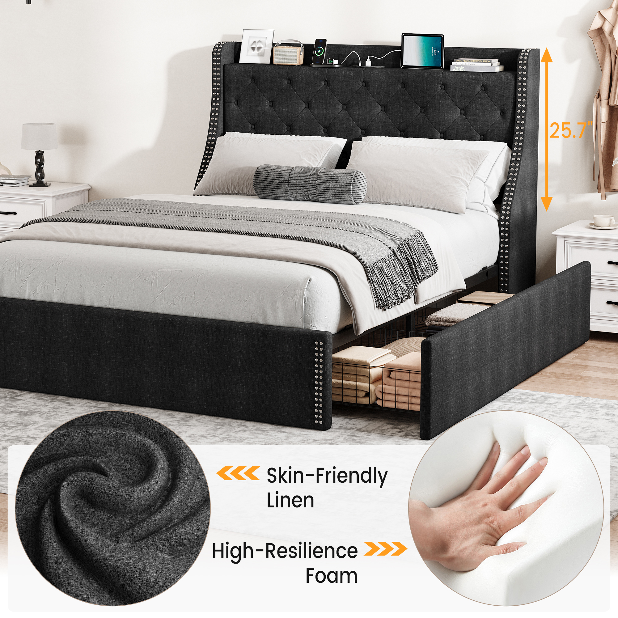 JoanKaren Full Bed Frame,Luxury Upholstered Platform Beds with Charging Station,4 Storage Drawers&Adjustable Headboard,Easy Assembly,Black