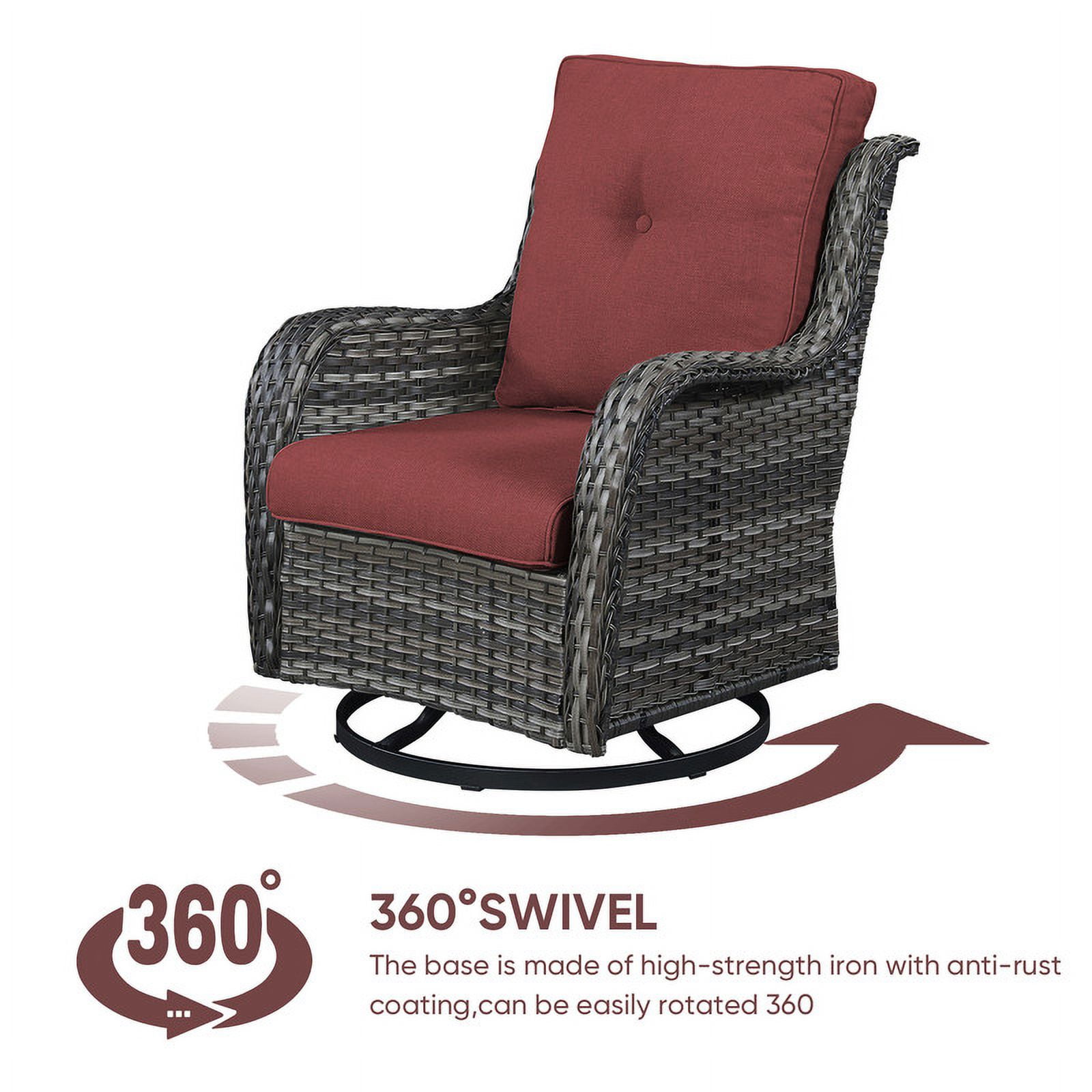 PARKWELL 3-Piece Outdoor Swivel Gliders with Thick Cushions and Side Table - Rattan Wicker Bistro Furniture Set - Gray Wicker and Red Cushion