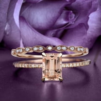 Bridal Rings Set Dazzling Art Deco 1.75 Carat Emerald Cut Morganite And Diamond Moissanite Antique Engagement Ring, Wedding Ring in 10k Solid Rose Gold, Gift For Her, Promise Ring, Anniversary Ring