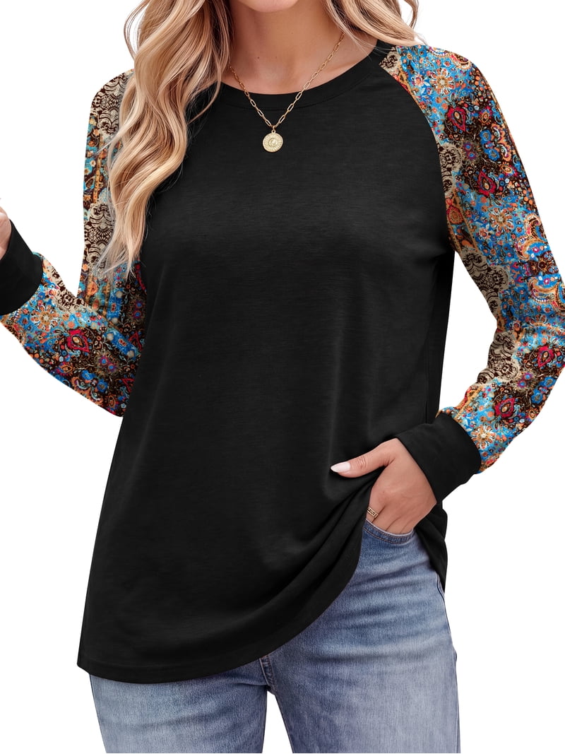 Fantaslook Women Long Sleeve Shirts Color Block Casual Tops Crewneck ...