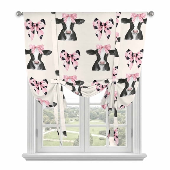 Cute Bow Cow Tie Up Curtains for Windows, Adjustable Balloon Window Shades, Beige Farmhouse Cute Animals Kitchen Window Treatments Adjustable Roll Up Curtain for Basement/Nursery 52"x45"