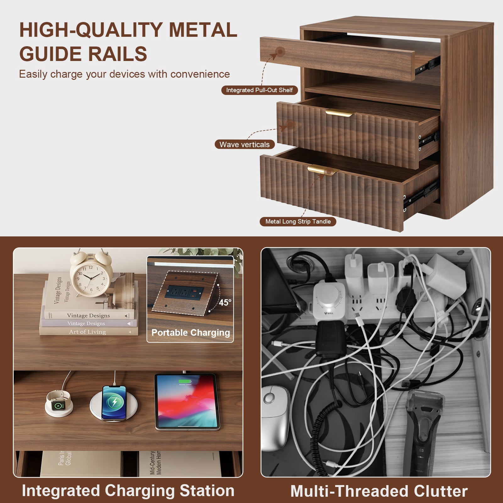 Hommoo Nightstand with 2 Drawers, Pull-Out Shelf & Hidden Power Outlets, Modern Bedside Table for Bedroom, Office or Living Room, Walnut