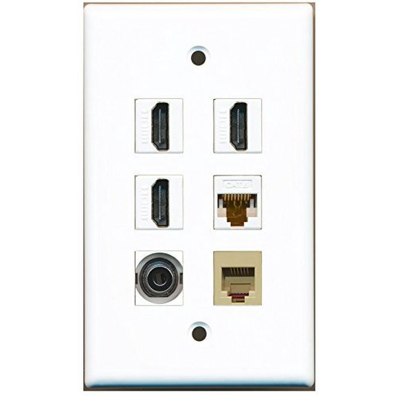 RiteAV - 3 HDMI 1 Port Phone RJ11 RJ12 Beige 1 Port 3.5mm 1 Port Cat6 Ethernet White Wall Plate