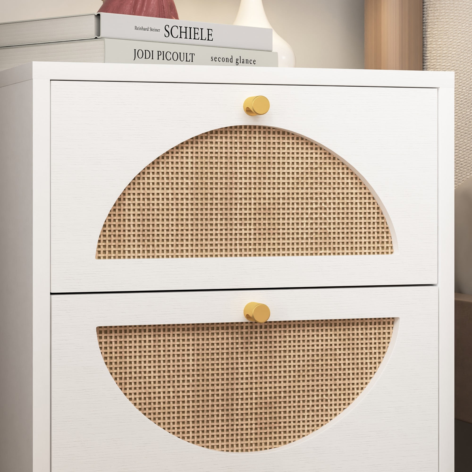 Finihen Rattan Nightstand Set of 2, Modern Boho Farmhouse Wood Bedside Table with 2 Drawer, Metal Frame Side End Table for Bedroom, Living Room, Office, White Finihen Rattan Nightstand Set of 2, Modern Boho Farmhouse Wood Bedside Table with 2 Drawer, Metal Frame Side End Table for Bedroom, Living Room, Office, White