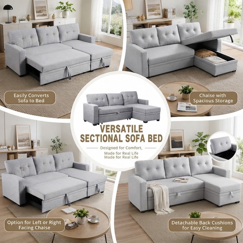 82" L-Shaped Convertible Sleeper Sectional Sofa with Pull-Out Bed, Storage Chaise, Removable Back Cushions, Modular Corner Couch for Living Room, Apartment, Home Office