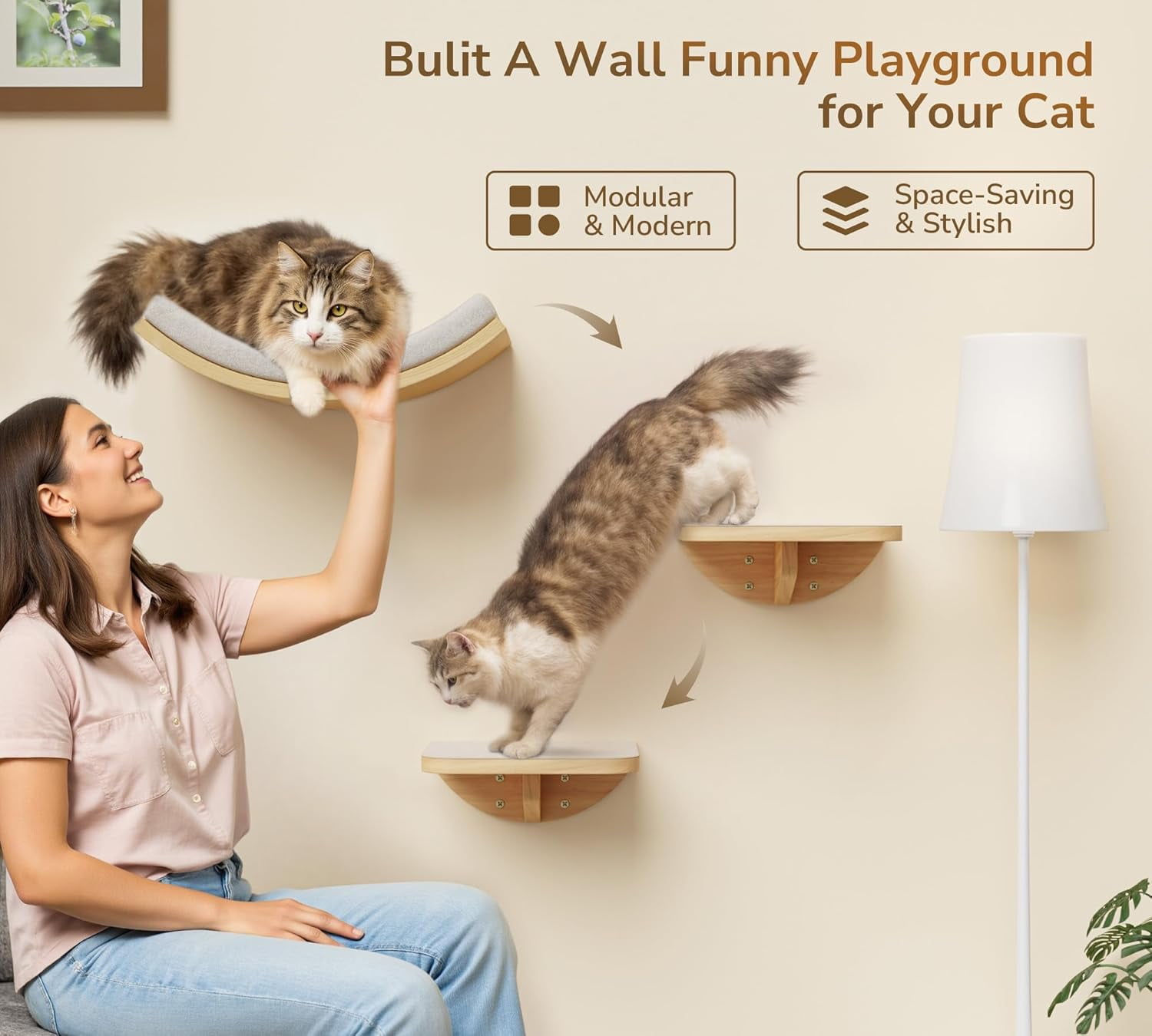 PELUOMOZ Cat Stairs, 2-Piece Wall-Mounted Wooden Steps with Scratching Mat, Climbing Shelf for Perch Platform