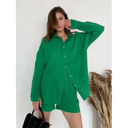

DanceeMangoo Green Sleepwear Women Pajama Spring Womens Pajamas Full Sleeve Solid Color Loungewear Loose Short Sets Casual Suit