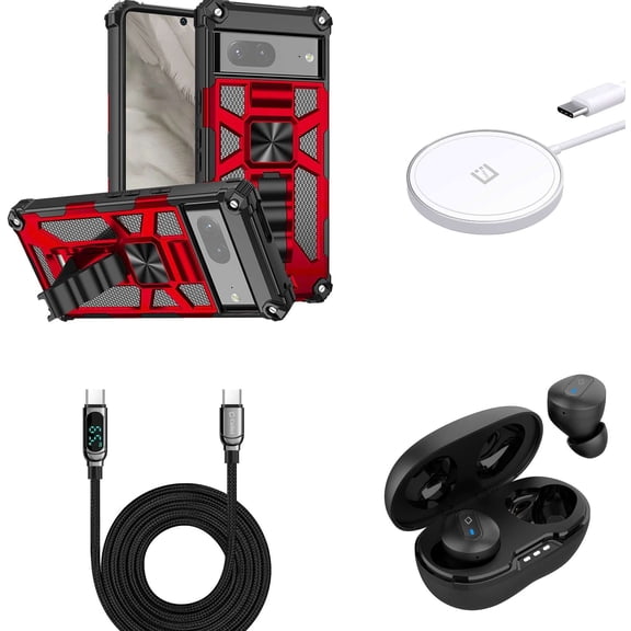 Accessories Bundle for Google Pixel 7a - (Red) Heavy Duty Armor Rugged Magnetic Mount Stand Case, Earbuds, 15W Magnetic Wireless Charger, Digital LED USB-C to USB-C Cable (3.3 Feet)