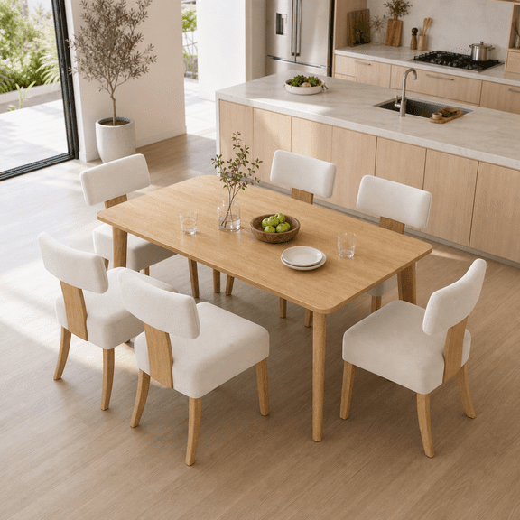 TrumanPick Dining Chairs Set of 6, Mid-Century Modern Linen Upholstered Kitchen Chairs with Curved Backrest & Solid Wood Leg, Farmhouse Side Chairs for Dining Room Restaurant, Beige