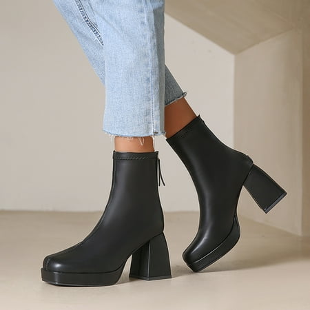 

FZM Women shoes Ladies Fashion Solid Color Leather Back Zipper Square Toe High Heel Booties