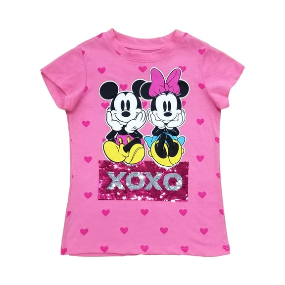 Disney Girls Minnie Mickey XOXO Pink Sequins Heart Short Sleeve Tee T-Shirt XS