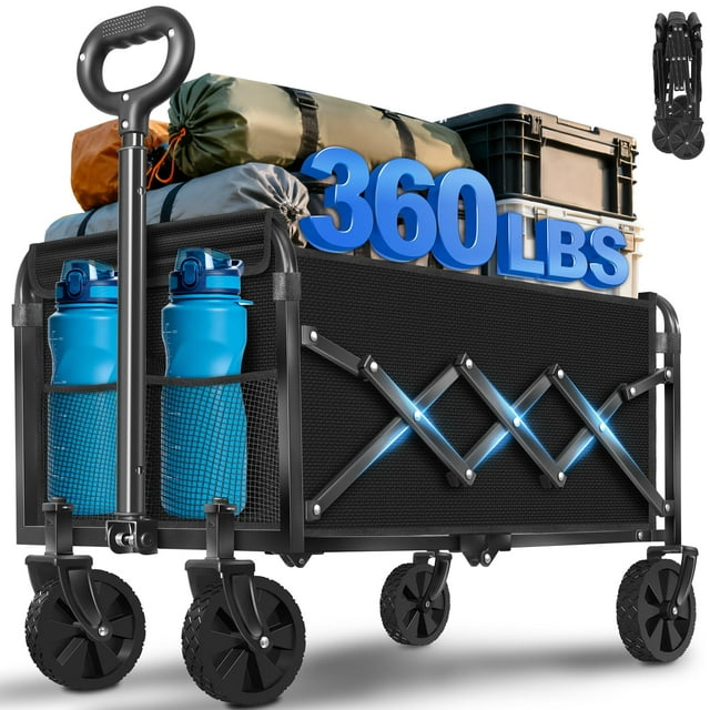 Wagons Carts Carro plegable de 360 libras con ruedas Carro plegable con mango flexible Carro plegable portátil liviano para acampar, playa, picinic, comestibles, deportes al aire libre, compras (neg